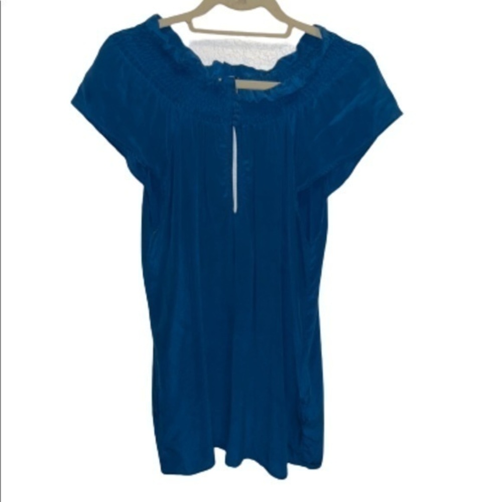 Topshop blue silk short sleeve keyhole ruffle detail top size 10